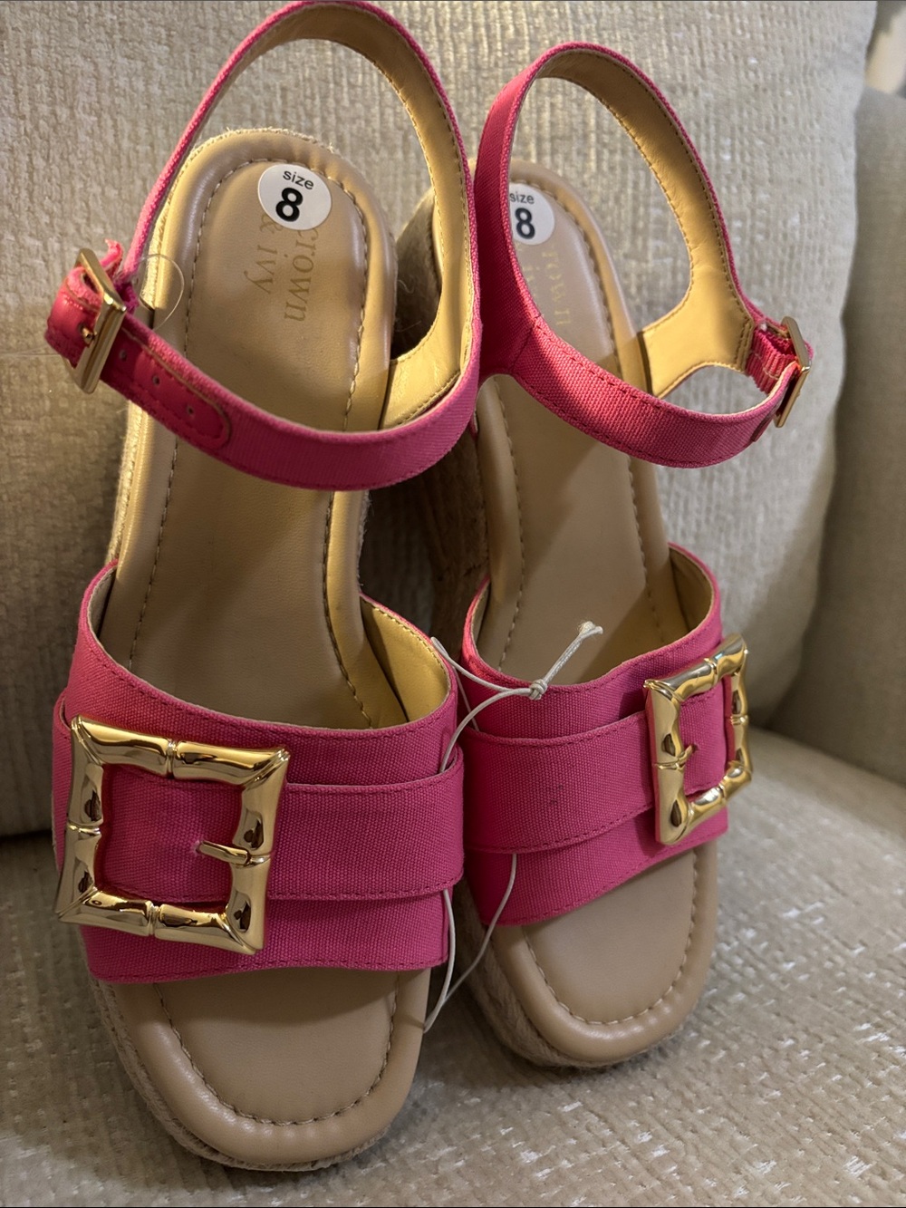 Crown & Ivy Hot Pink Espadrille Wedge Sandals with Gold Buckles - Picture 8 of 9
